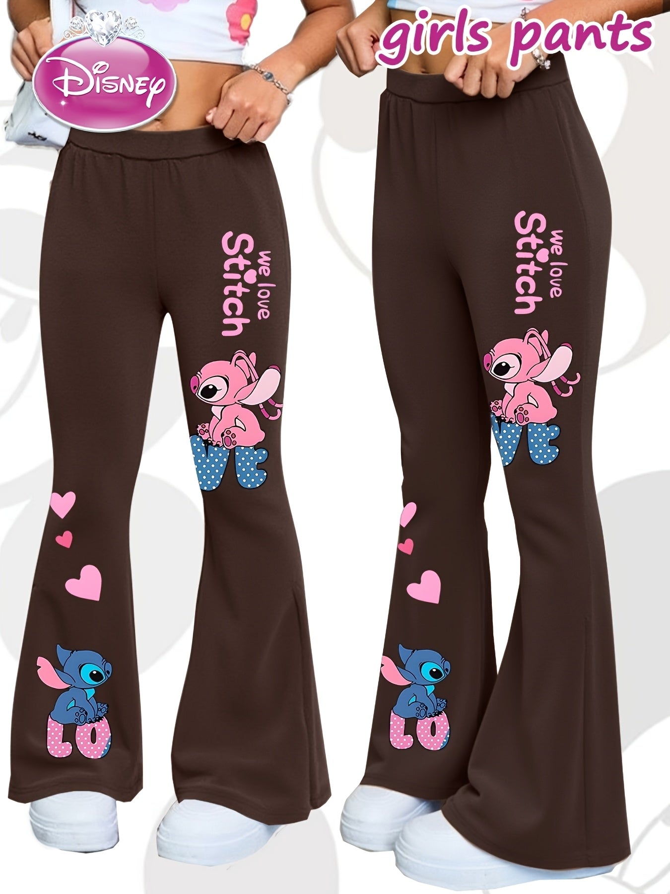 Disney Stitch Girls' Flare Pants - Official Stitch Character Design with Bell Bottoms, Grey with Pink Accents, Machine Washable Birthday Outfit for Disney Fans (Kids Girls) - Perfect Gift for Stitch Lovers, Everyday Kids Clot