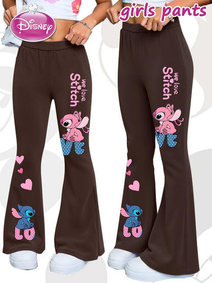 Disney Stitch Girls' Flare Pants - Official Stitch Character Design with Bell Bottoms, Grey with Pink Accents, Machine Washable Birthday Outfit for Disney Fans (Kids Girls) - Perfect Gift for Stitch Lovers, Everyday Kids Clot