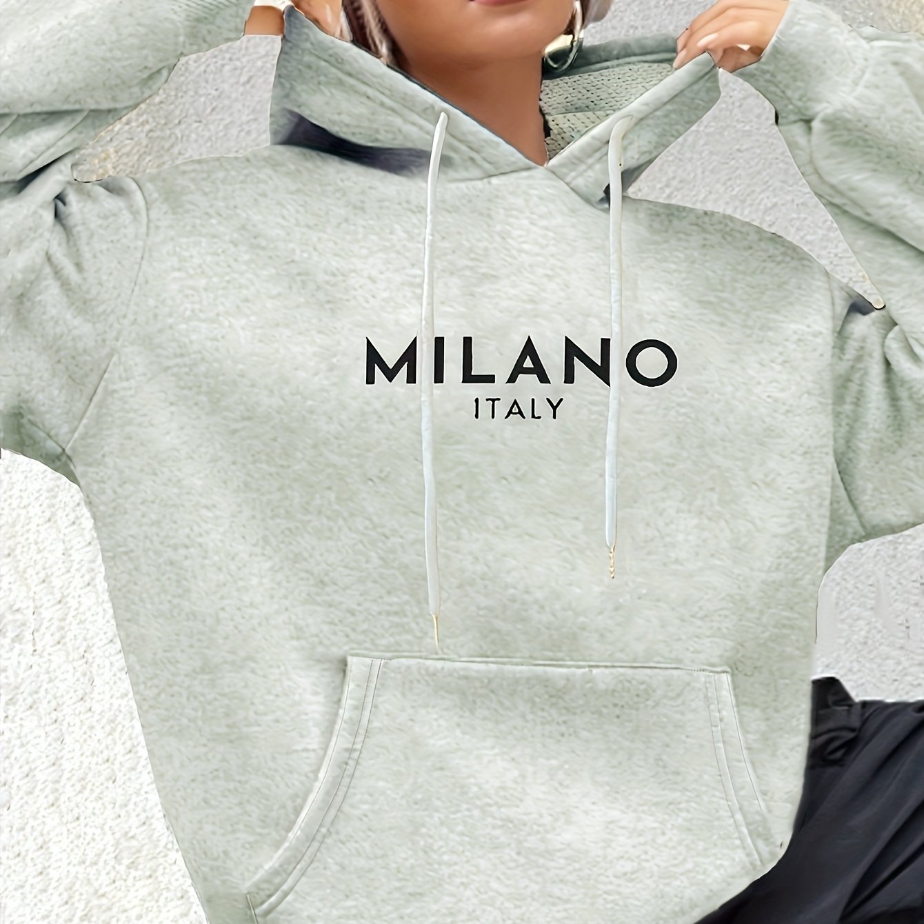 Milano Italy Polyester Hoodie for Women - 100% Knit Fabric, Alphabet Print, Casual Long Sleeve Sweatshirt with Pocket, Fashionable European Trip Inspired Hooded Sweatshirt, Spring/Summer/Fall Collection