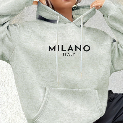 Milano Italy Polyester Hoodie for Women - 100% Knit Fabric, Alphabet Print, Casual Long Sleeve Sweatshirt with Pocket, Fashionable European Trip Inspired Hooded Sweatshirt, Spring/Summer/Fall Collection