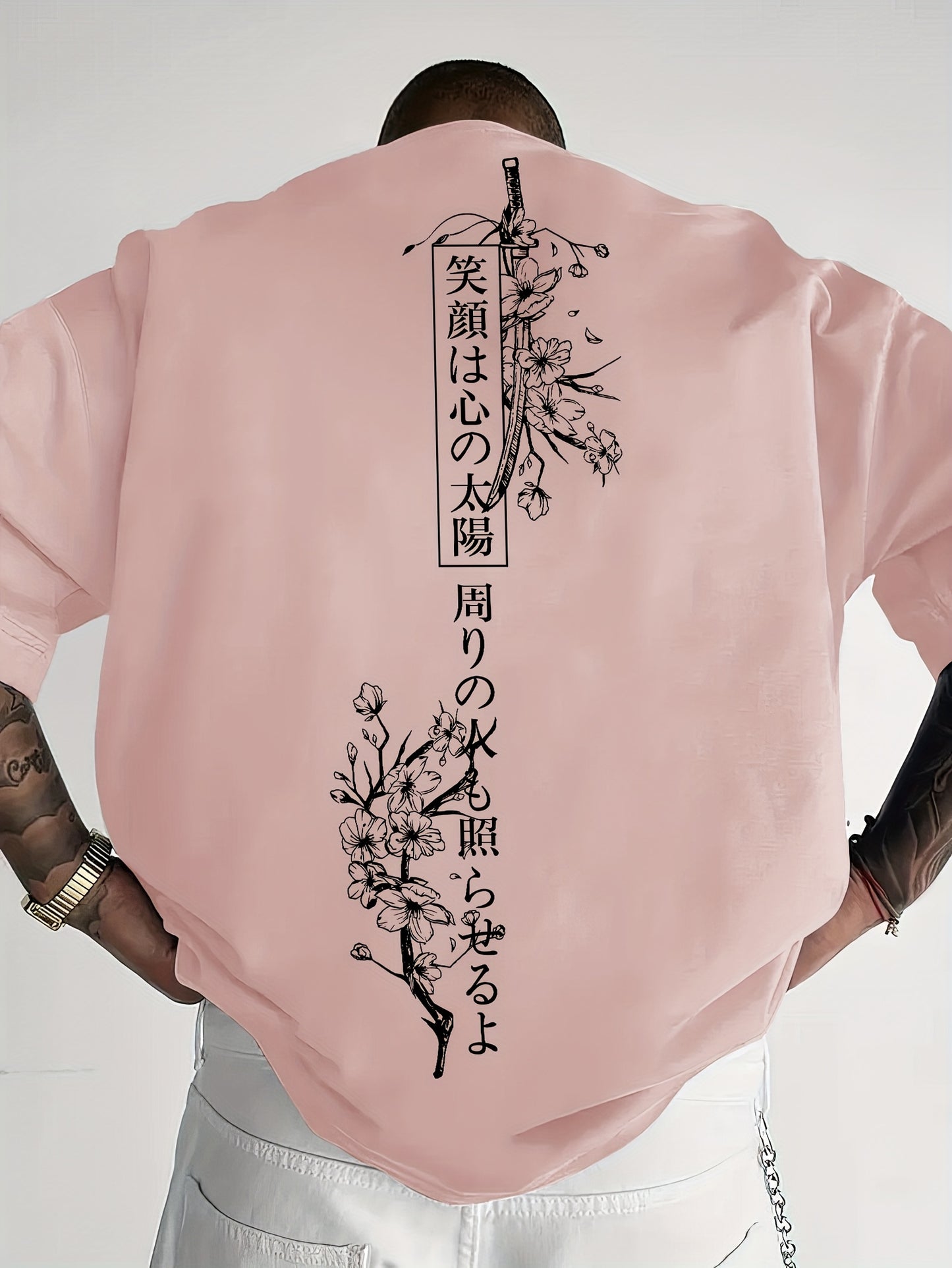 Men's Japanese Sakura Cherry Blossom & Text Print Casual T-Shirt - Black with Golden Floral Print Design, Loose Fit Round Neck, Breathable Summer Fabric, Machine Washable, Relaxed Fit Clothing, Elegant Design Shirt