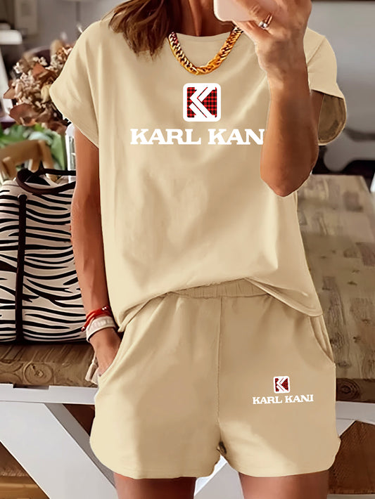 2pcs Square Frame Red and Black Plaid KARL KANI Print New Women's Summer Fashion Casual Round Neck T-Shirt Short Sleeve Polyester Spandex Sport Set