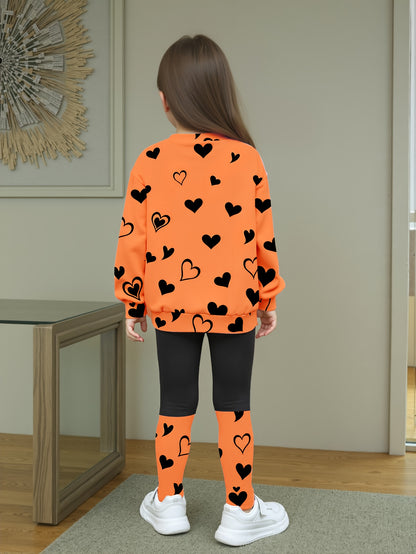Girls' Spring/Autumn Heart Print Round Neck T-Shirt + Casual Patchwork Pants Cute Cat Pattern Two-Piece Set