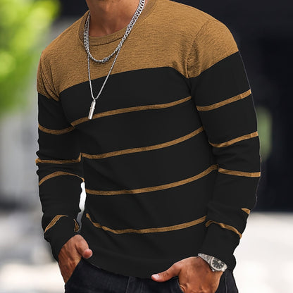 Men's Casual Striped Knit Pullover Sweater - Navy & White Contrast, Regular Fit H-Silhouette, Long Sleeve Crew Neck, Medium Stretch, Machine Washable for Spring & Fall, Mediumstretch Fabric