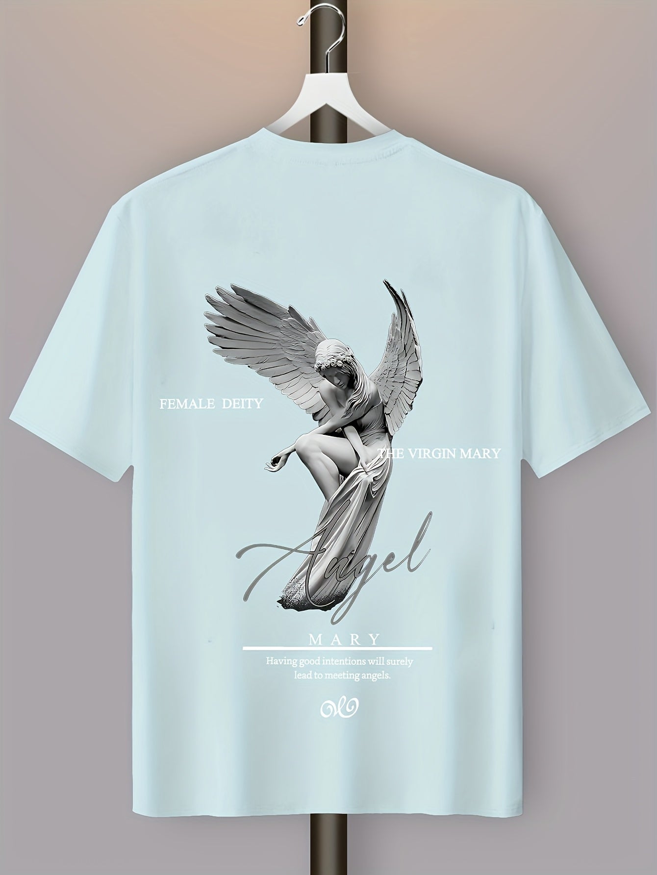 Men'S Casual Street Style Angel Graphic T-Shirt - "Female Devity" Print, Loose Fit, Polyester Blend, Summer Essential, Textured Look, Black with White Design, Short Sleeve, Round Neck, Perfect for Casual Attire, Everyday Tshi