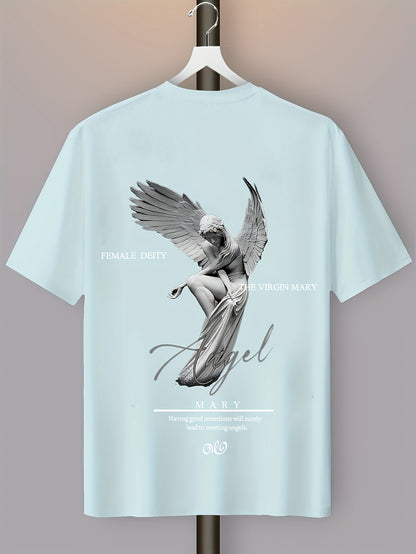 Men'S Casual Street Style Angel Graphic T-Shirt - "Female Devity" Print, Loose Fit, Polyester Blend, Summer Essential, Textured Look, Black with White Design, Short Sleeve, Round Neck, Perfect for Casual Attire, Everyday Tshi