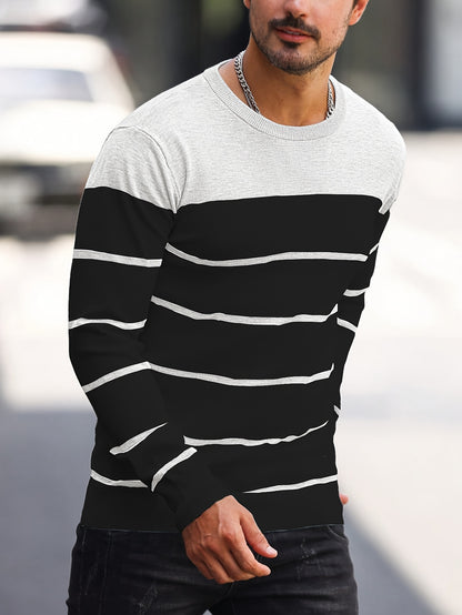 Men's Casual Striped Knit Pullover Sweater - Navy & White Contrast, Regular Fit H-Silhouette, Long Sleeve Crew Neck, Medium Stretch, Machine Washable for Spring & Fall, Mediumstretch Fabric
