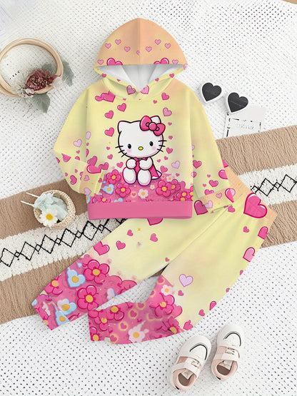Sanrio 2pcs Girls' Set | for Hello Kitty Floral Heart Digital Print Design, Long Sleeve Hooded Sweatshirt and Pants Outfit, Kids Clothing Gift, Suitable for Autumn/Winter Season, Casual Sportswear Set, Perfect for Outdoor Use