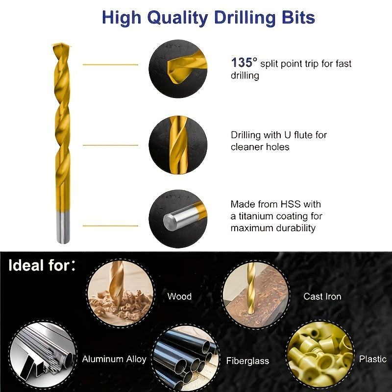 50pcs Titanium-Coated High-Speed Steel Drill Bit Set, 135° Pointed Tip, Suitable for DIY Crafts, Woodworking, Engraving, and Jewelry Making - Sizes from 1/25" to 1/8", Metal Cylindrical