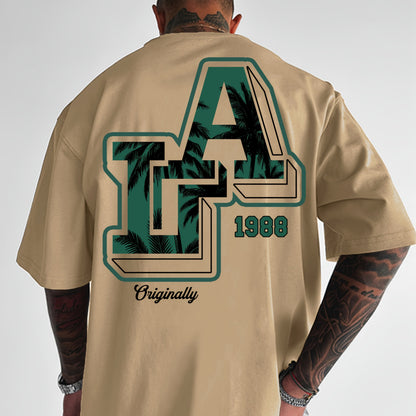 Men'S Casual Y2K LA Graphic T-Shirt - Bold Oversized "LA" Letter Print, Comfortable & Breathable with Slight Stretch, Perfect for Home & Outdoor Activities, Spring/Summer Fashion, Machine Washable, Loose Fit Short Sleeve Crew