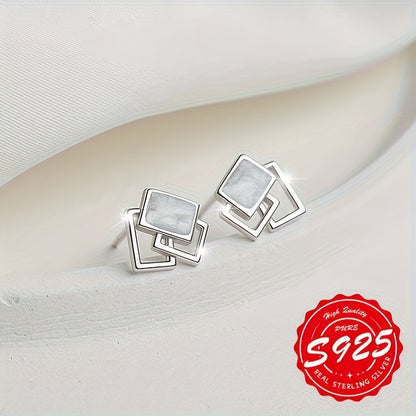 2-Pack Boho Sexy 925 Sterling Silver Square Stud Earrings with Resin Inlay, Lightweight 0.9g, Daily & Gift Occasion, All-Season Jewelry with Gift Box
