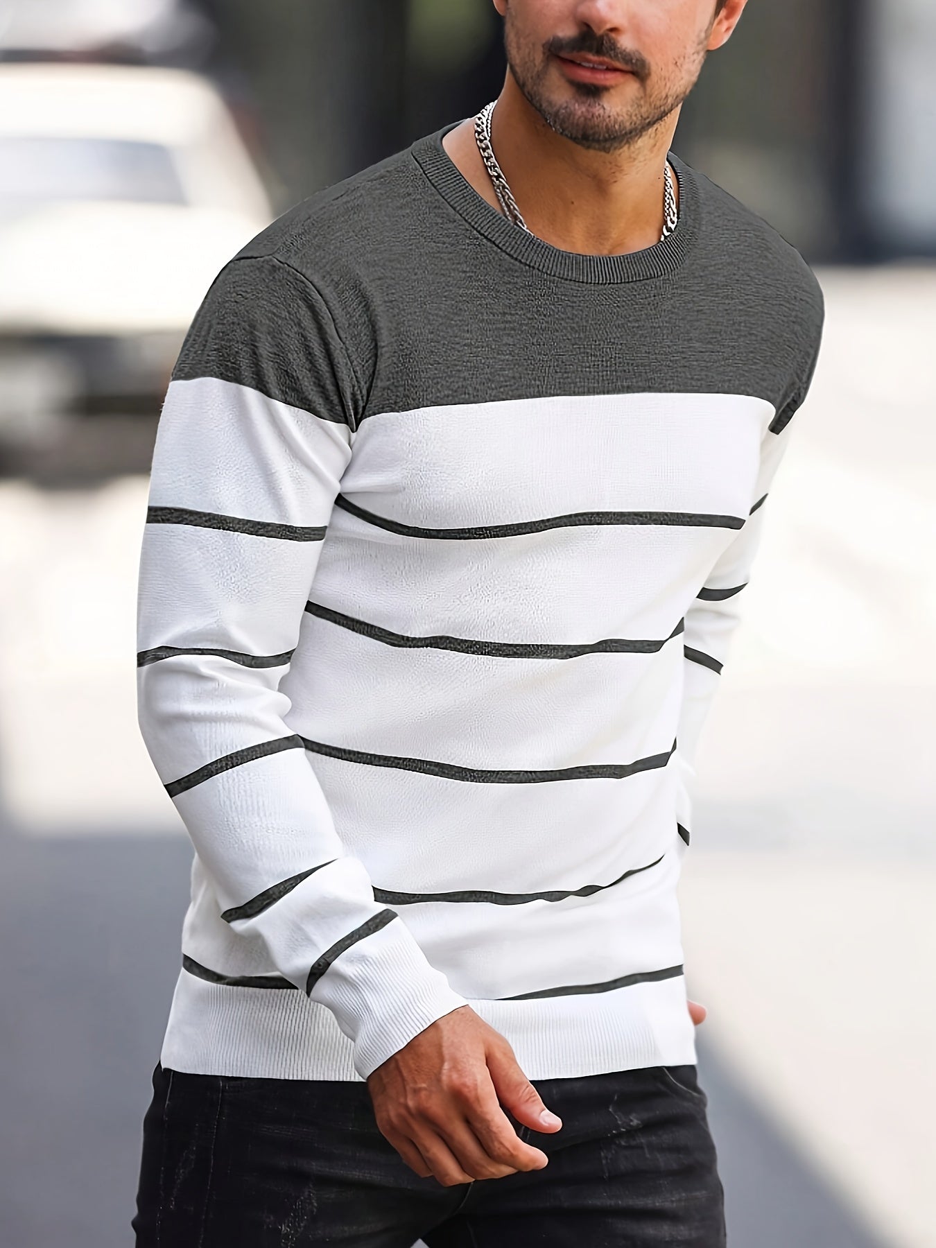 Men's Casual Striped Knit Pullover Sweater - Navy & White Contrast, Regular Fit H-Silhouette, Long Sleeve Crew Neck, Medium Stretch, Machine Washable for Spring & Fall, Mediumstretch Fabric