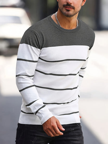 Men's Casual Striped Knit Pullover Sweater - Navy & White Contrast, Regular Fit H-Silhouette, Long Sleeve Crew Neck, Medium Stretch, Machine Washable for Spring & Fall, Mediumstretch Fabric