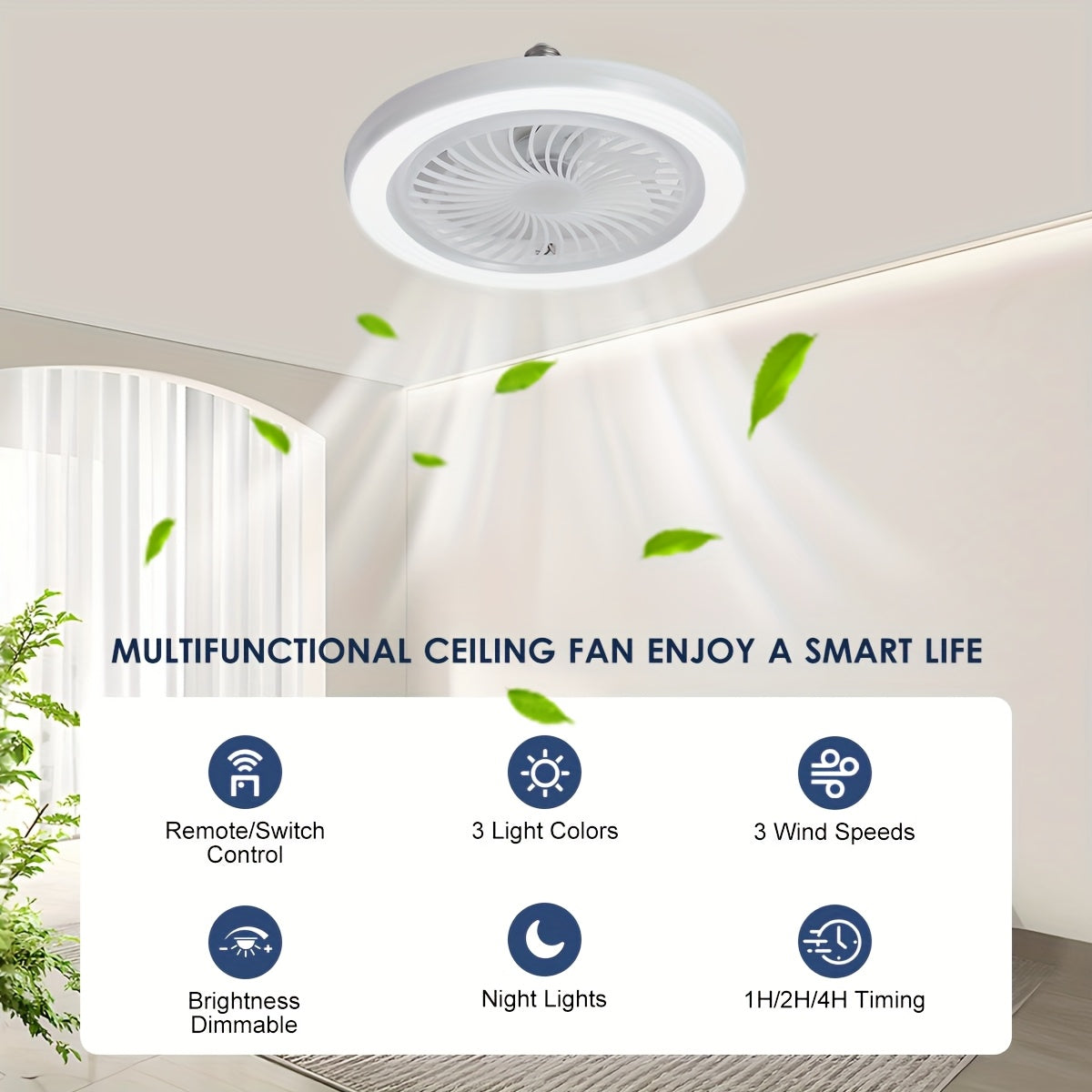 LED Smart Fan Light, Adjustable Wind Power & Infinitely Dimmable, Invisible No Blade, E27/E26 Recessed Installation with Remote Control, Modern Simple with Thin Ceiling Fan Light for Living Room, Bedroom, Dining Room, Storage