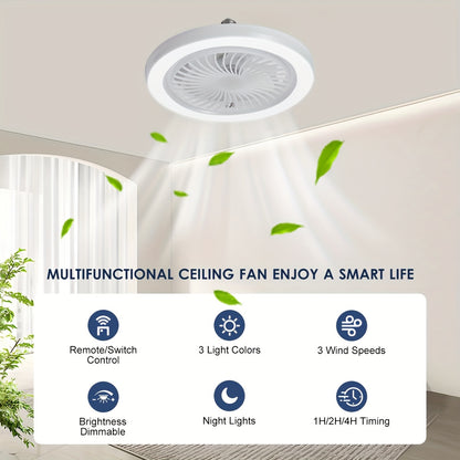 LED Smart Fan Light, Adjustable Wind Power & Infinitely Dimmable, Invisible No Blade, E27/E26 Recessed Installation with Remote Control, Modern Simple with Thin Ceiling Fan Light for Living Room, Bedroom, Dining Room, Storage