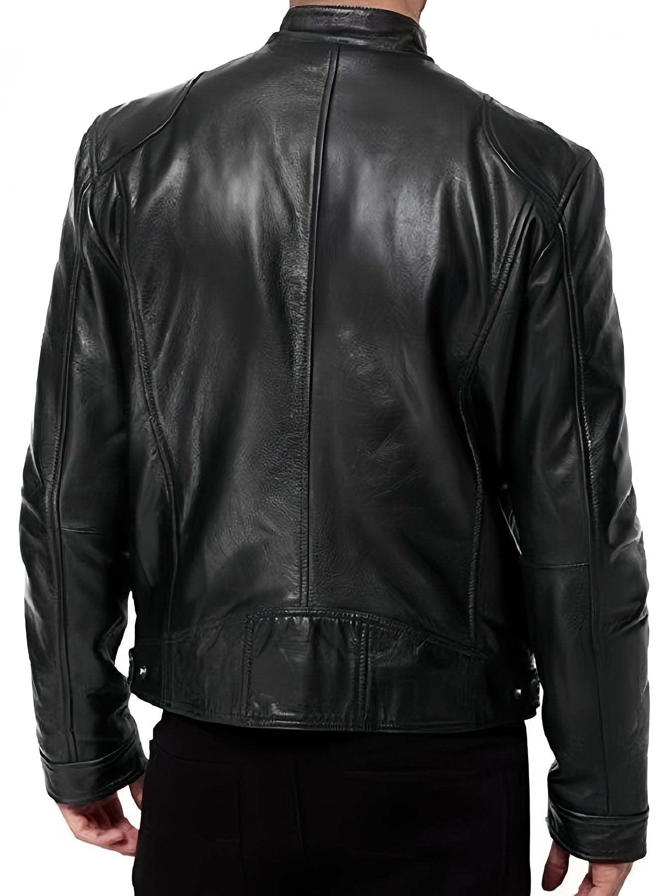 1pc Men'S Casual Faux Leather Jacket with Stand Collar, Solid Color Motorcycle Coat, Regular Fit with Pockets, Non-Stretch Woven Fabric - Spring/Fall Fashion Outerwear