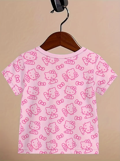 Kids' Short Sleeve T-Shirt - Cute Pink for Hello Kitty Cartoon Pattern, 3D Digital Print, Suitable for Outdoor | Casual | Sports | Home, Comfortable Sliky Fiber Fabric Fabric