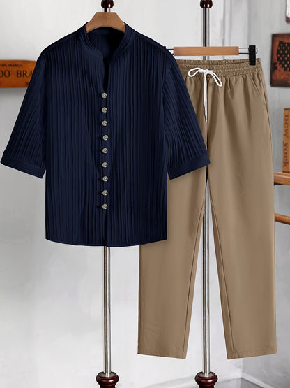 2025 New European and American Men's Summer Casual Wave Pattern Vacation Style Round Neck Short Sleeve and Long Pants Two-Piece Set