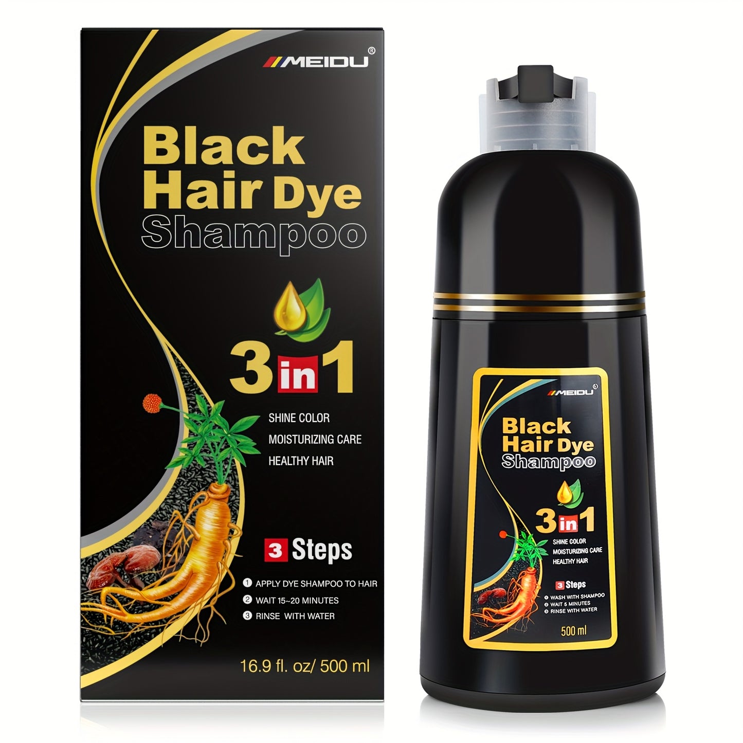 MEIDU Hair Dye Shampoo, 16, 9fl, oz/500ml Unisex Hair Dye Shampoo, Long-lasting 3-in-1 Hair Dye, Wash Hair + Dye Hair, Efficient Coverage Of White Hair, Contains Ginseng, Ginger, Black Sesame And Other Hair Care Extracts, Sui