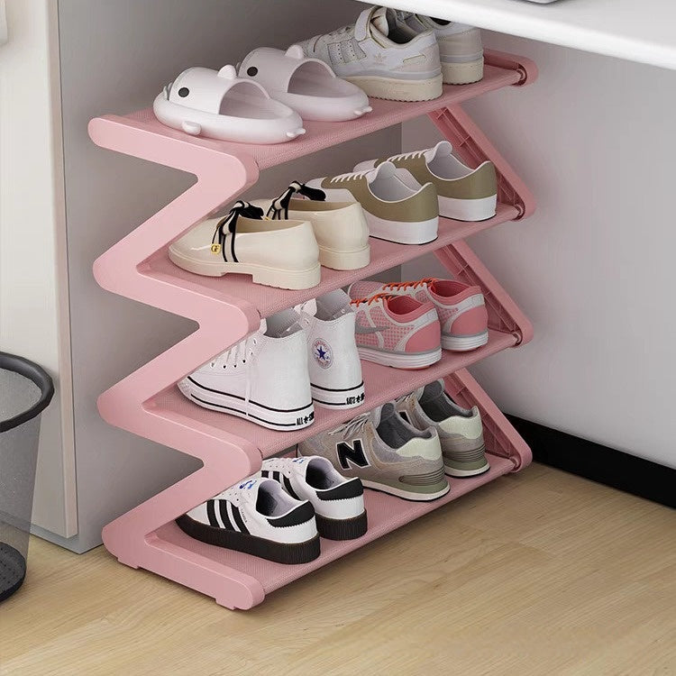4-Tier Free Standing Shoe Rack - Z-Shaped Stackable Shoe Organizer with Metal Frame & Plastic Shelves, No-Tool Assembly, 4kg Capacity, Space-Saving Floor Mount Storage for Entryway, Living Room, Dorm - Durable Home & Dorm Roo