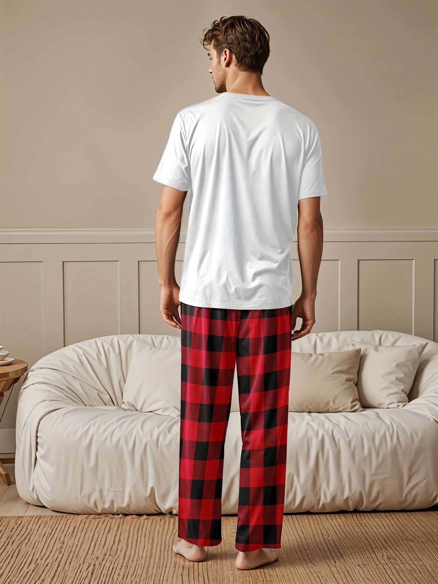 Men'S Polyester Crew Neck T-Shirt and Pants Set, Red Heart Print Tee with Red Checkered Pants, Medium Stretch Knit Fabric, Regular Fit, 97% Polyester 3% Elastane, Comfortable Home Wear