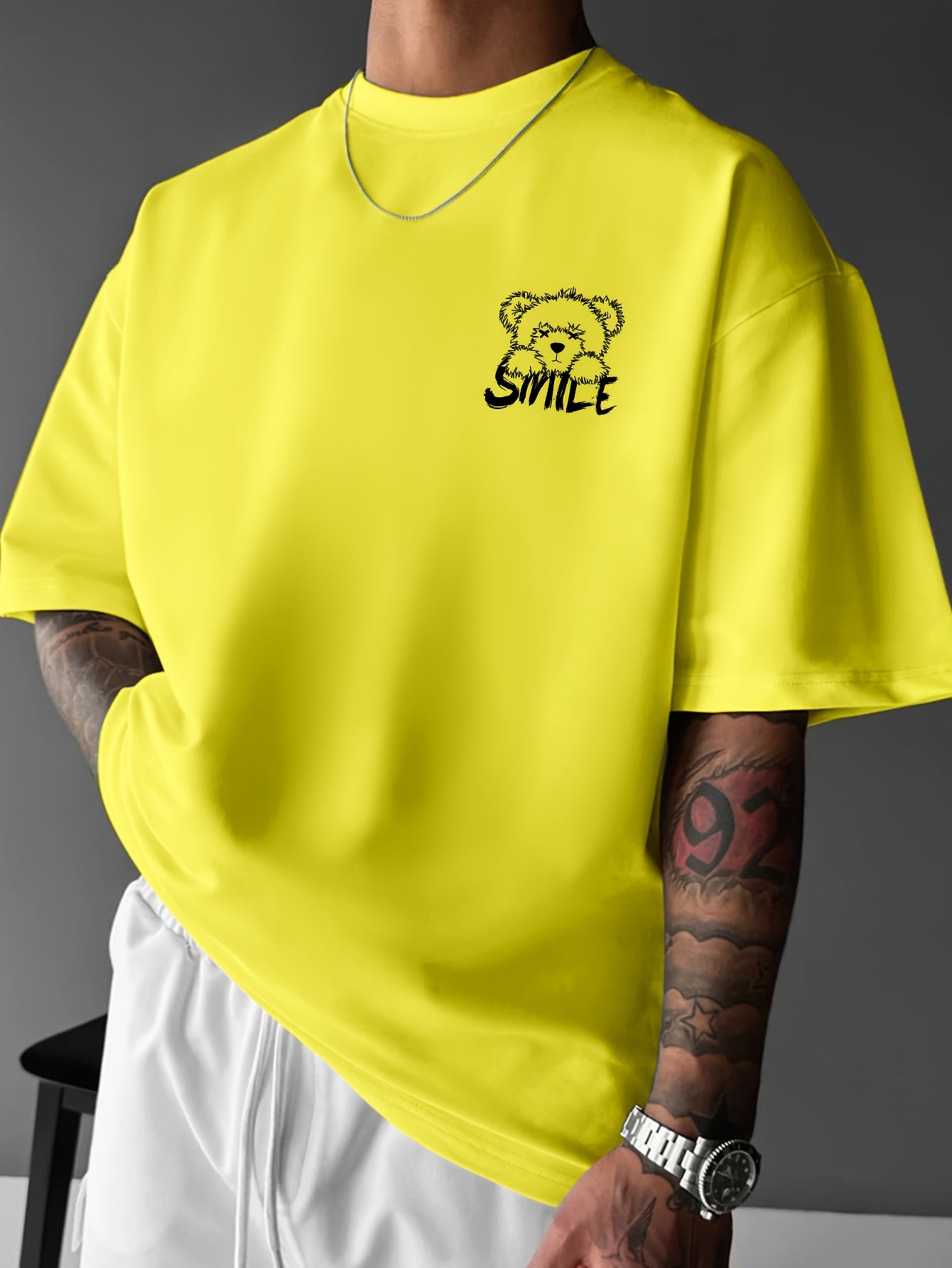 Men'S Bright Yellow Graphic T-Shirt - Loose Fit Streetwear Tee with Smile Design, Round Neck Summer Shirt for Everyday & Formal Outfits - Lightweight Casual Top, Street Style, Bold Print, Comfortable Material, Printed Shirt,