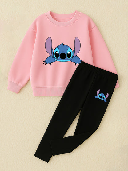 2pcs Disney Girls' Lilo & Stitch Print Sweatshirt and Leggings Set - Soft Stretchy Crewneck Outfit with Cartoon Character Design, All-Season Machine Washable Casual Wear for Ages 5-12, Everyday 's Clothing, Playtime Clothes,