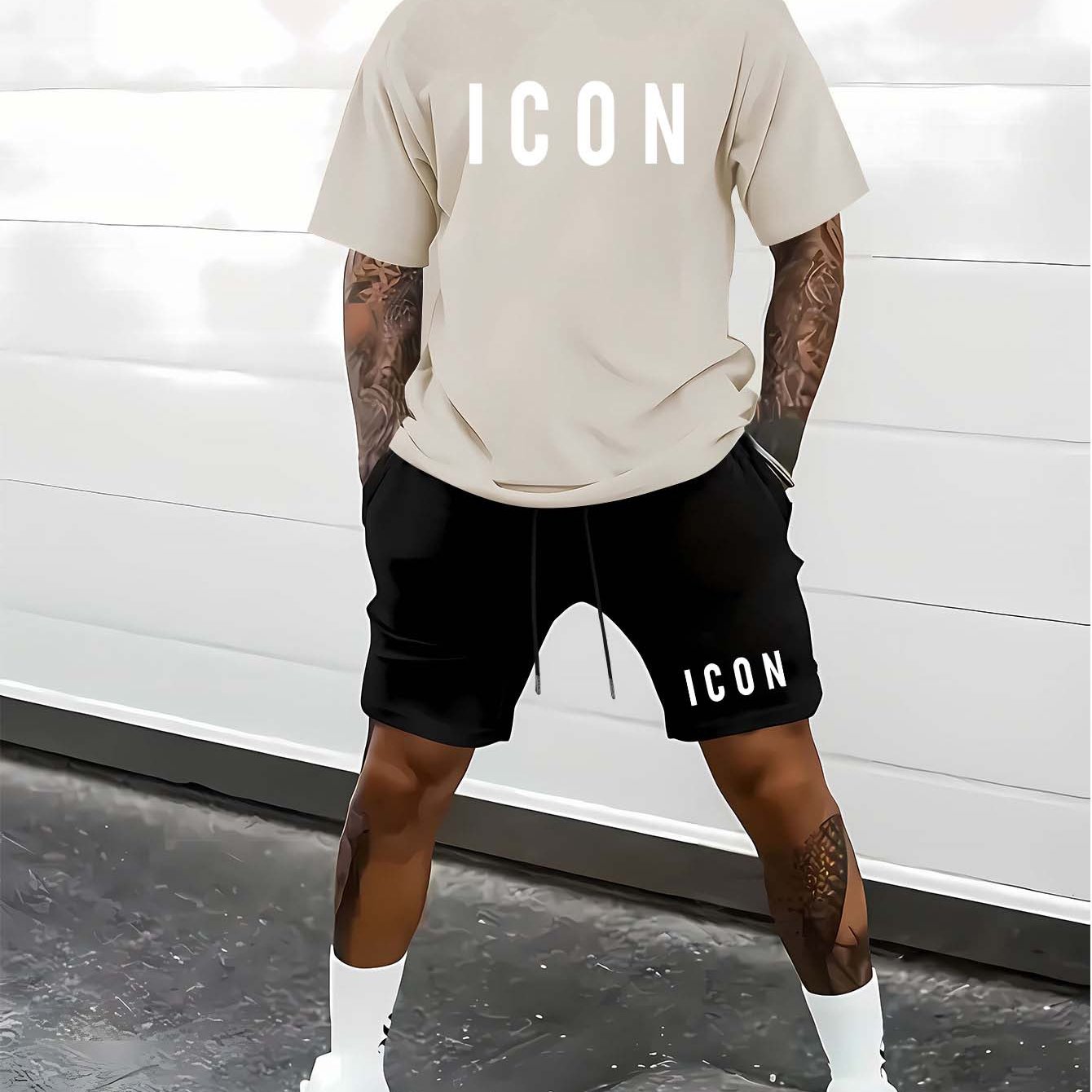 Men'S Casual Sporty Outdoor Two-Piece Set - Summer T-Shirt & Shorts with Bold "ICON" Print, Geometric Pattern, Regular Fit, Crew Neck, Light Blue & Black, Comfortable for Casual Attire, Leisure Clothing | Bold Print Shirt | C
