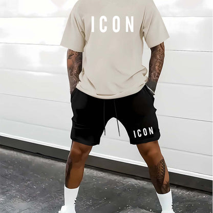 Men'S Casual Sporty Outdoor Two-Piece Set - Summer T-Shirt & Shorts with Bold "ICON" Print, Geometric Pattern, Regular Fit, Crew Neck, Light Blue & Black, Comfortable for Casual Attire, Leisure Clothing | Bold Print Shirt | C