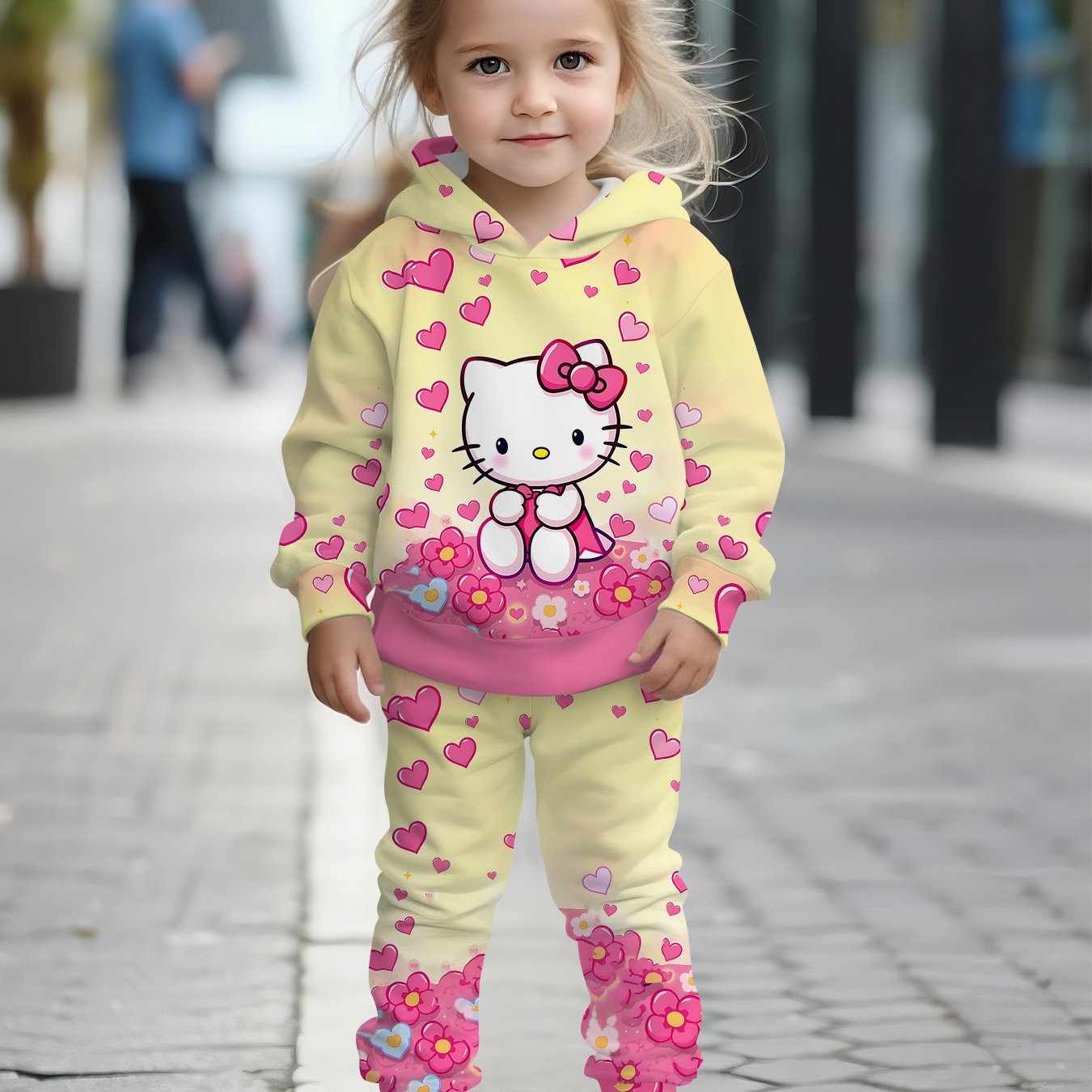 Sanrio 2pcs Girls' Set | for Hello Kitty Floral Heart Digital Print Design, Long Sleeve Hooded Sweatshirt and Pants Outfit, Kids Clothing Gift, Suitable for Autumn/Winter Season, Casual Sportswear Set, Perfect for Outdoor Use