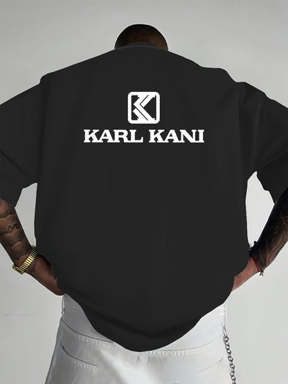 Men'S Casual Crew Neck T-Shirt with "KARL KANI" Graphic - Breathable, Moisture-Wicking, Short Sleeve, Regular Fit, Geometric Pattern, Ideal for Home & Outdoor Activities, All-Season Comfort, Outdoor Clothing | Relaxed Fit Shi