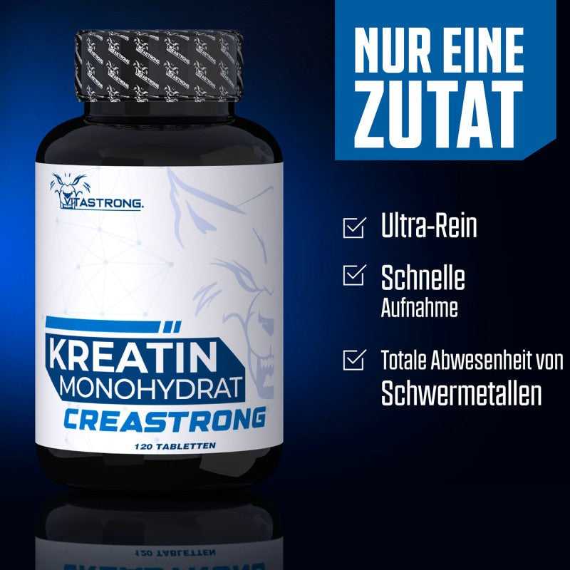 Creatine Monohydrate CreaStrong, 120 Creatine Tablets for Pre-Workout, Intra-Workout, and Post-Workout, Alternative to Creatine Capsules, Creatine Gummies, Creatine Powder, Vitastrong Creatine Tablets