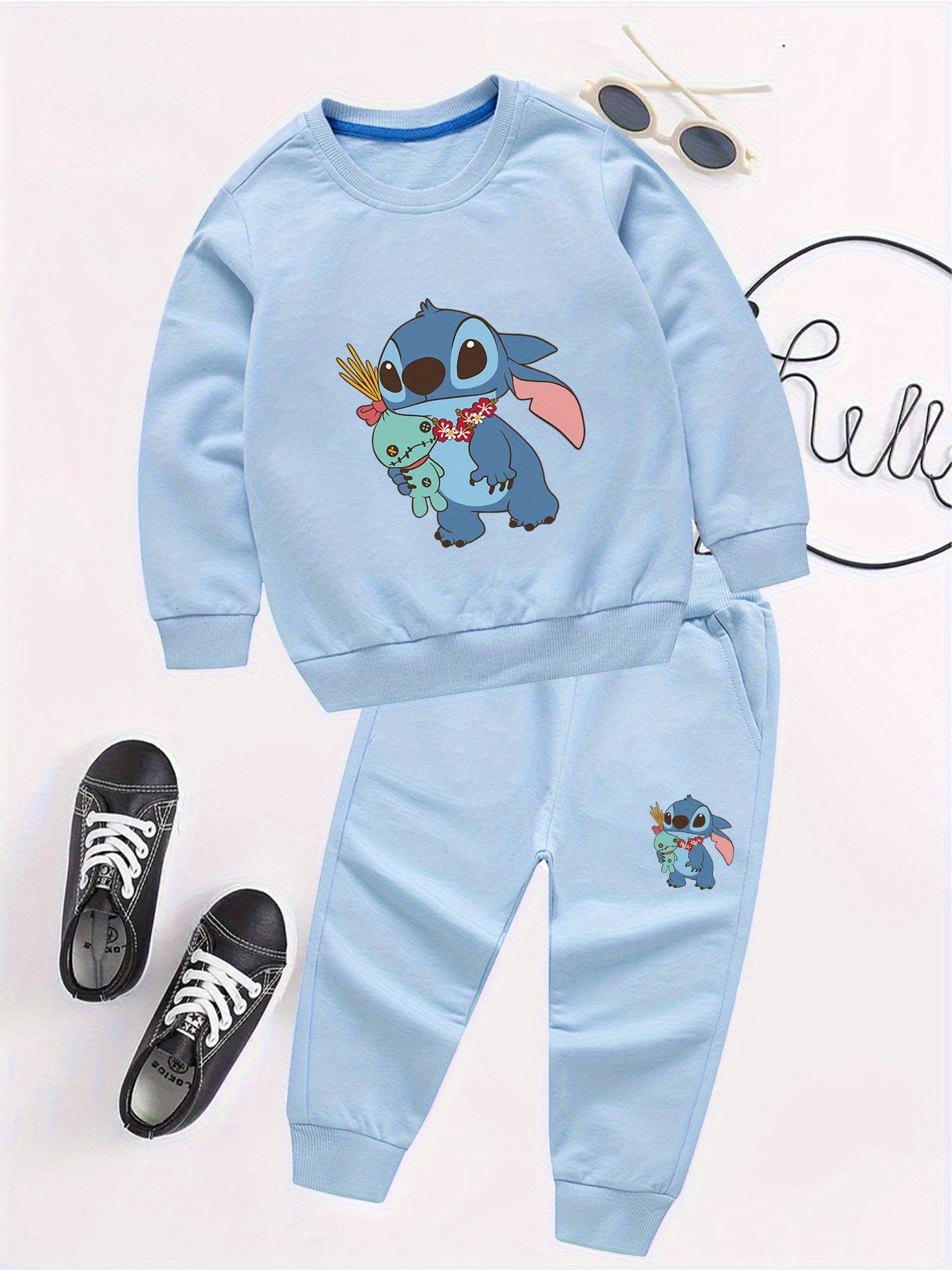 2pcs Disney Kids Casual Sweatshirt & Pants Set Stitch's Adorable Floral Adventure: A Heartwarming Cartoon Tale Long-Sleeve Crewneck, Children's clothing suitable for autumn and winter seasons, featuring cute cartoon patterns.