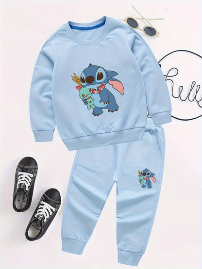 2pcs Disney Kids Casual Sweatshirt & Pants Set Stitch's Adorable Floral Adventure: A Heartwarming Cartoon Tale Long-Sleeve Crewneck, Children's clothing suitable for autumn and winter seasons, featuring cute cartoon patterns.