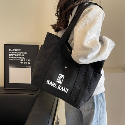 Karl Kani Women'S Large Capacity Tote Bag - Lightweight Durable Polyester Shoulder Bag with Zipper Closure, Stylish Black & White Print Design, Perfect for Shopping, Commuting, and Travel, Versatile Carryall | Minimalist Desi