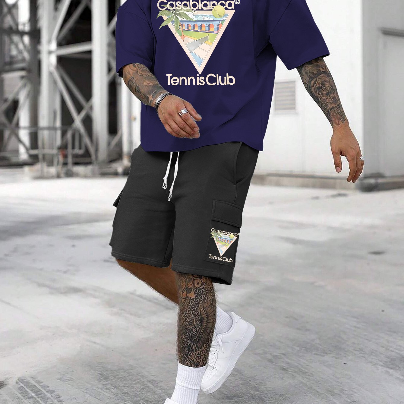 New Loose Fit Breathable Men's Crew Neck Short Sleeve T-Shirt and Workwear Style Multi-Pocket Shorts Set, Summer Casual Sportswear Two-Piece Outfit, Stylish Versatile Top and Pants for Both Men and Women