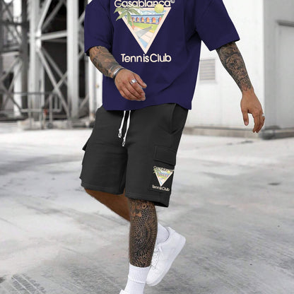New Loose Fit Breathable Men's Crew Neck Short Sleeve T-Shirt and Workwear Style Multi-Pocket Shorts Set, Summer Casual Sportswear Two-Piece Outfit, Stylish Versatile Top and Pants for Both Men and Women