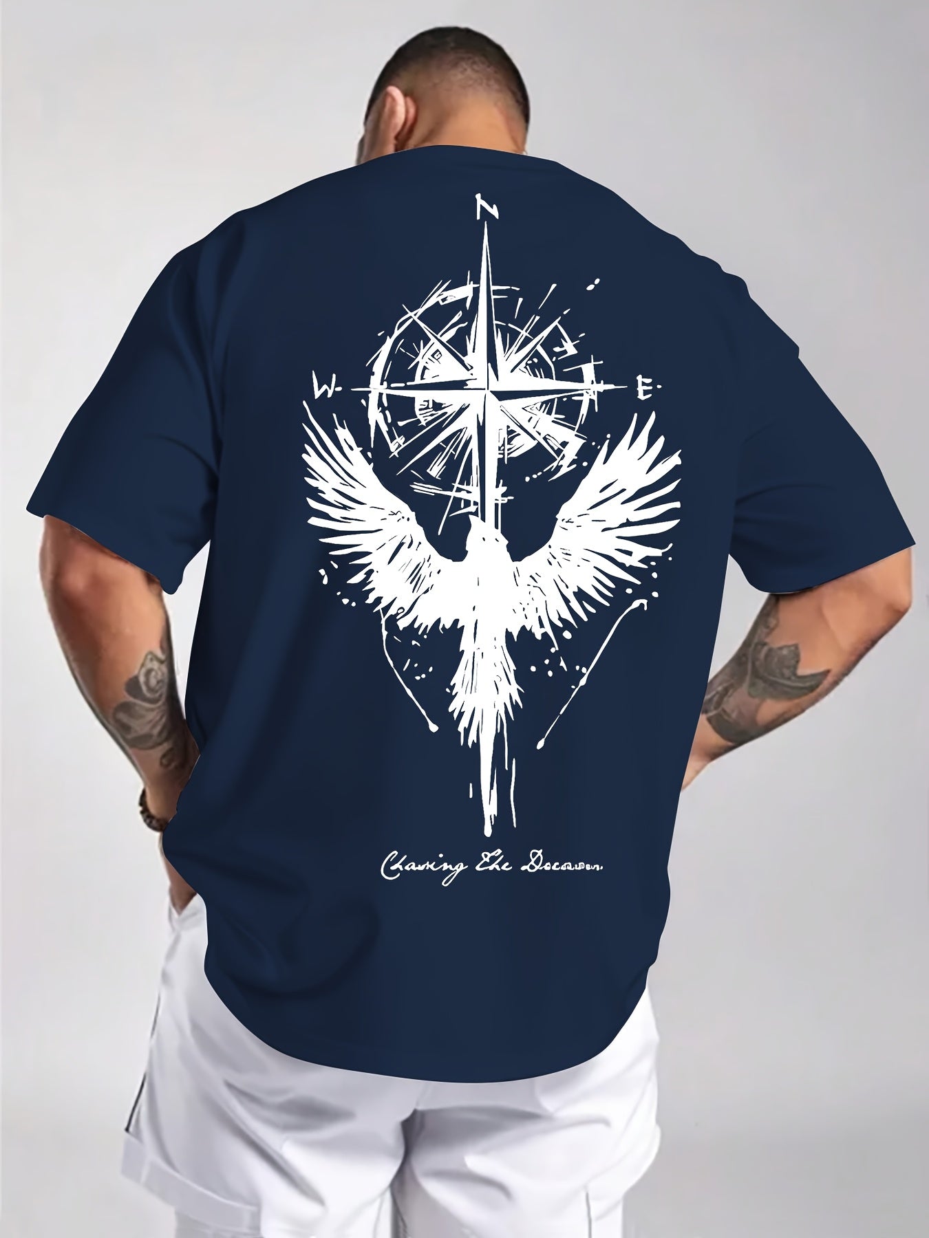 Men'S Summer Short Sleeve T-Shirt with Bold Eagle & Compass Print - Light Blue Casual Round Neck Tee, Comfortable Stretch Fabric for Casual Attire, Everyday Tshirt | Bold Graphic Tee | Comfortable Fit