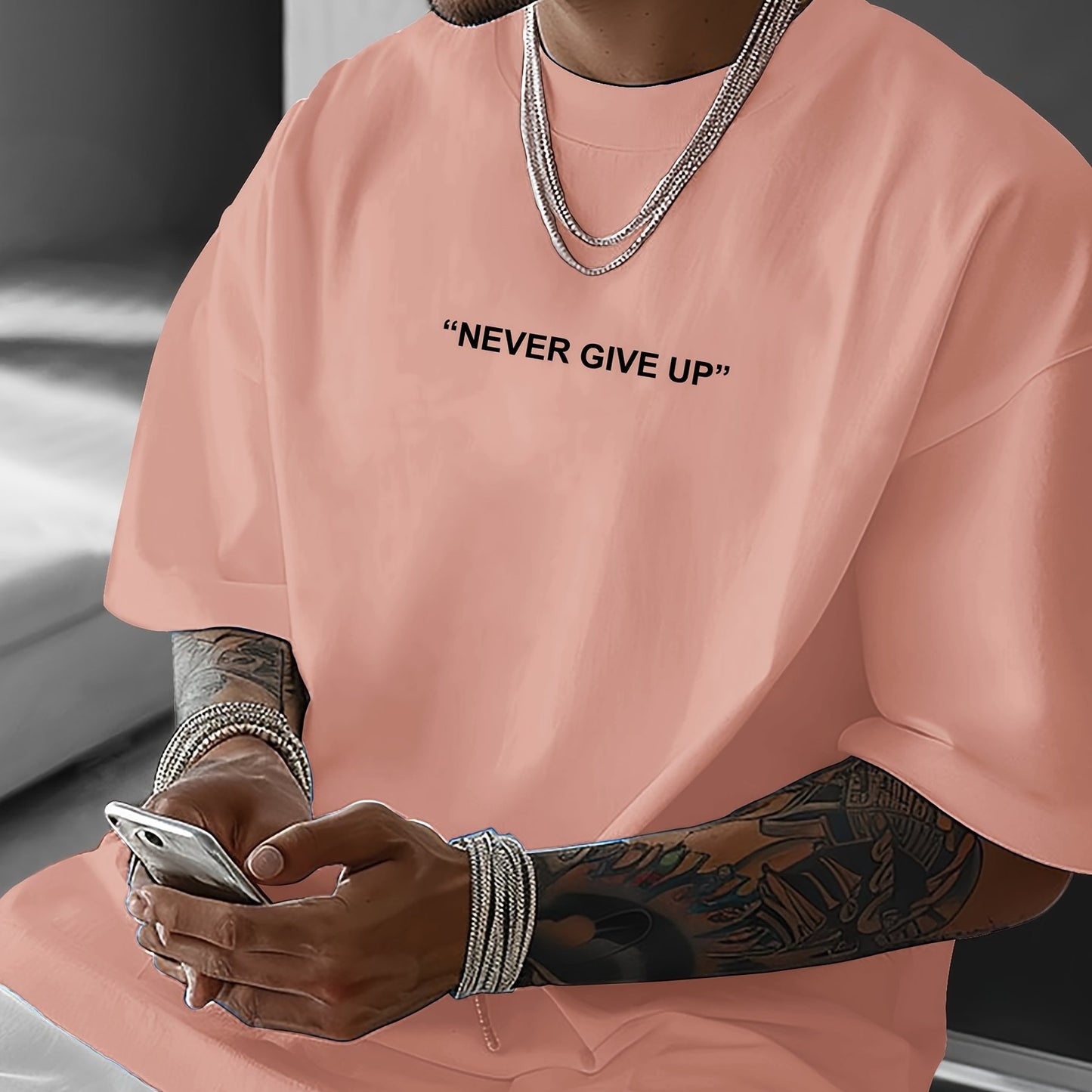 Men's "Never Give Up" Graphic Print Casual T-Shirt - Comfortable Crew Neck, Short Sleeve, Loose Fit for Spring & Summer, White Polyester Tee for Casual Attire, Casual Summer Wear | Loose Fit Top | Smooth Texture