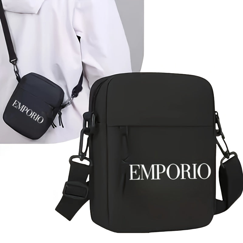 Men'S Crossbody Bag with "EMPORIO" Letter Print - Minimalist Oxford Fabric Tote, Adjustable Strap, Zipper Closure - Essential for Travel, Work, and Casual Outfits - Black, Stylish Design