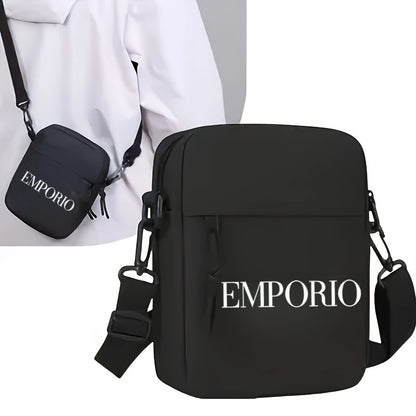 Men'S Crossbody Bag with "EMPORIO" Letter Print - Minimalist Oxford Fabric Tote, Adjustable Strap, Zipper Closure - Essential for Travel, Work, and Casual Outfits - Black, Stylish Design
