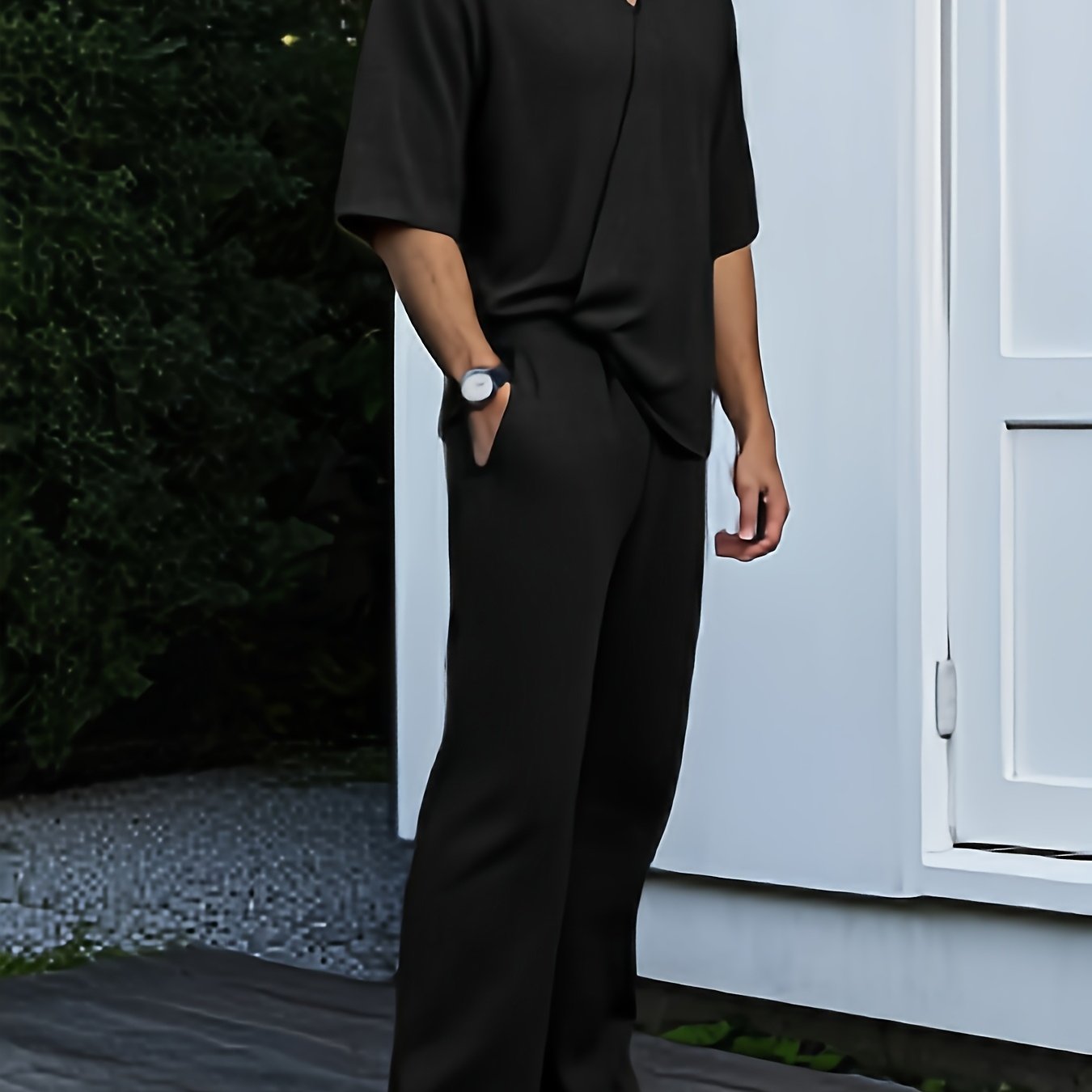 Men'S Summer Casual Short Sleeve Jumpsuit - Lightweight Breathable Fabric, Loose Fit with Adjustable Waist Belt, Pockets & V-Neck Design for Outdoor Travel, Beach, Home Wear - Black, Beach Attire, Minimalist Style, Comfortabl