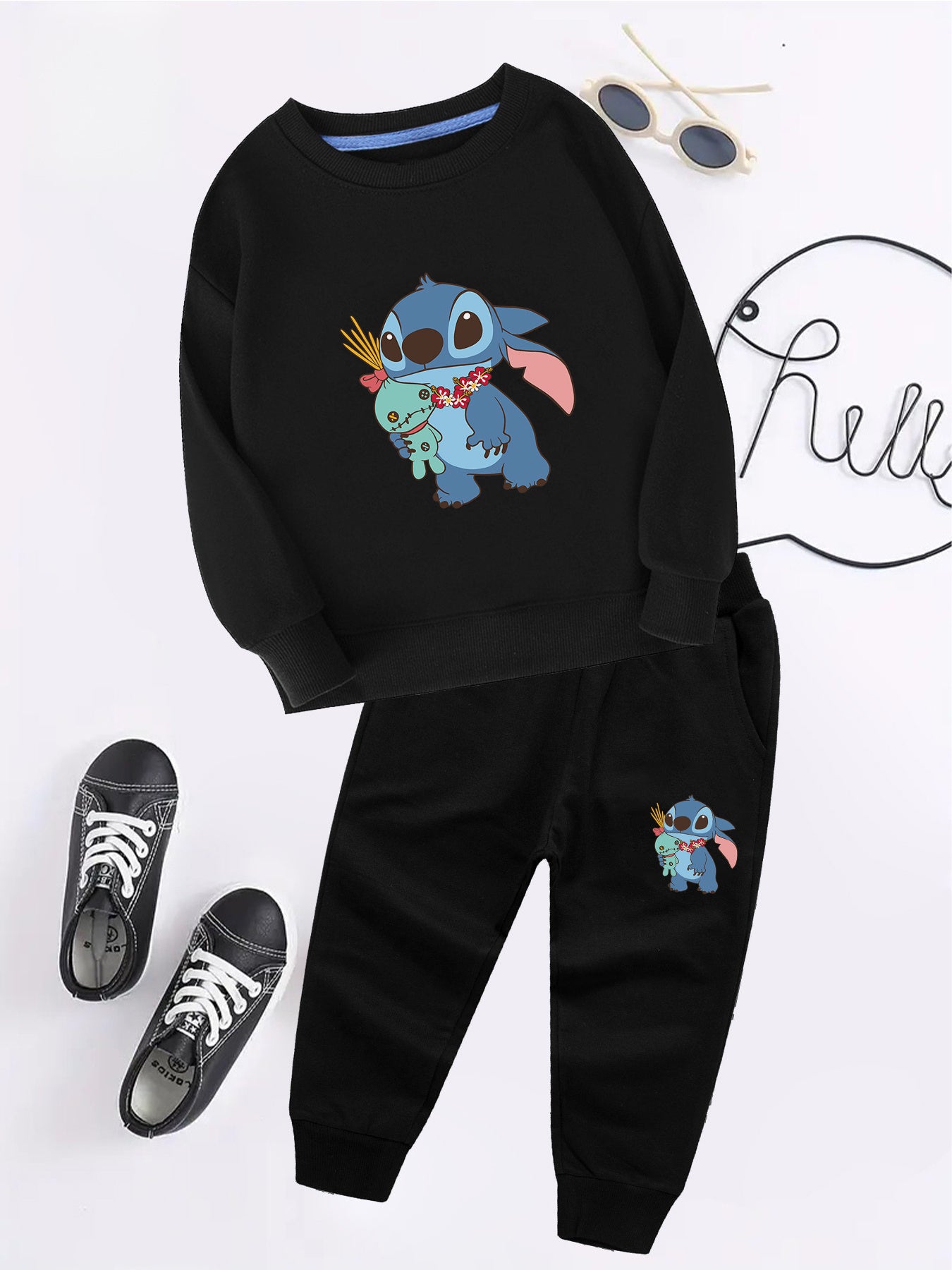 2pcs Disney Kids Casual Sweatshirt & Pants Set Stitch's Adorable Floral Adventure: A Heartwarming Cartoon Tale Long-Sleeve Crewneck, Children's clothing suitable for autumn and winter seasons, featuring cute cartoon patterns.