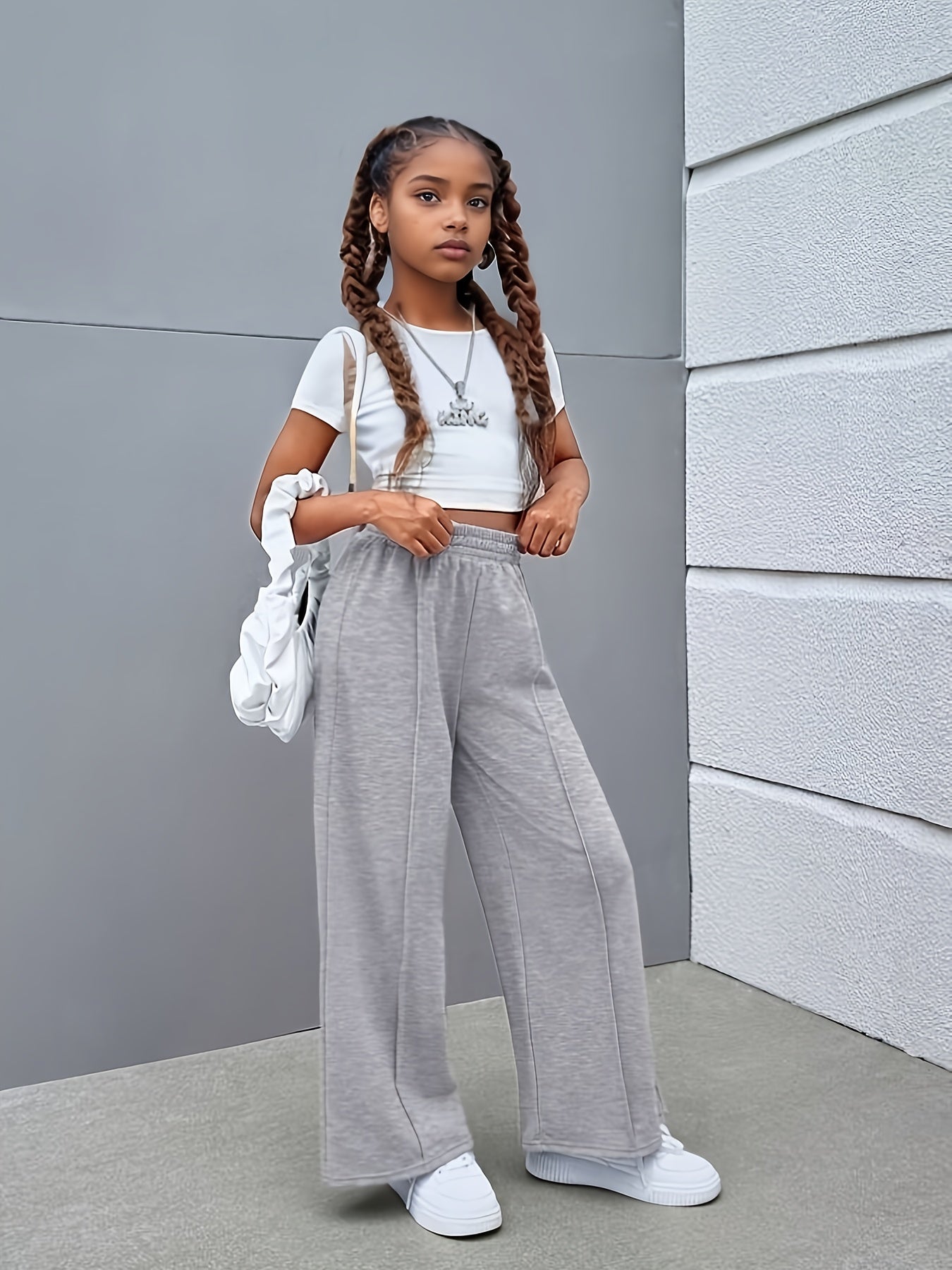 Children'S Light Gray Wide-Leg Casual Pants - Comfortable Elastic Waistband, Straight-Leg Design, Perfect for Spring & Fall Outdoor Activities, Everyday Comfort Pants | Wideleg Pants | Smooth Texture Pants, for Outdoor
