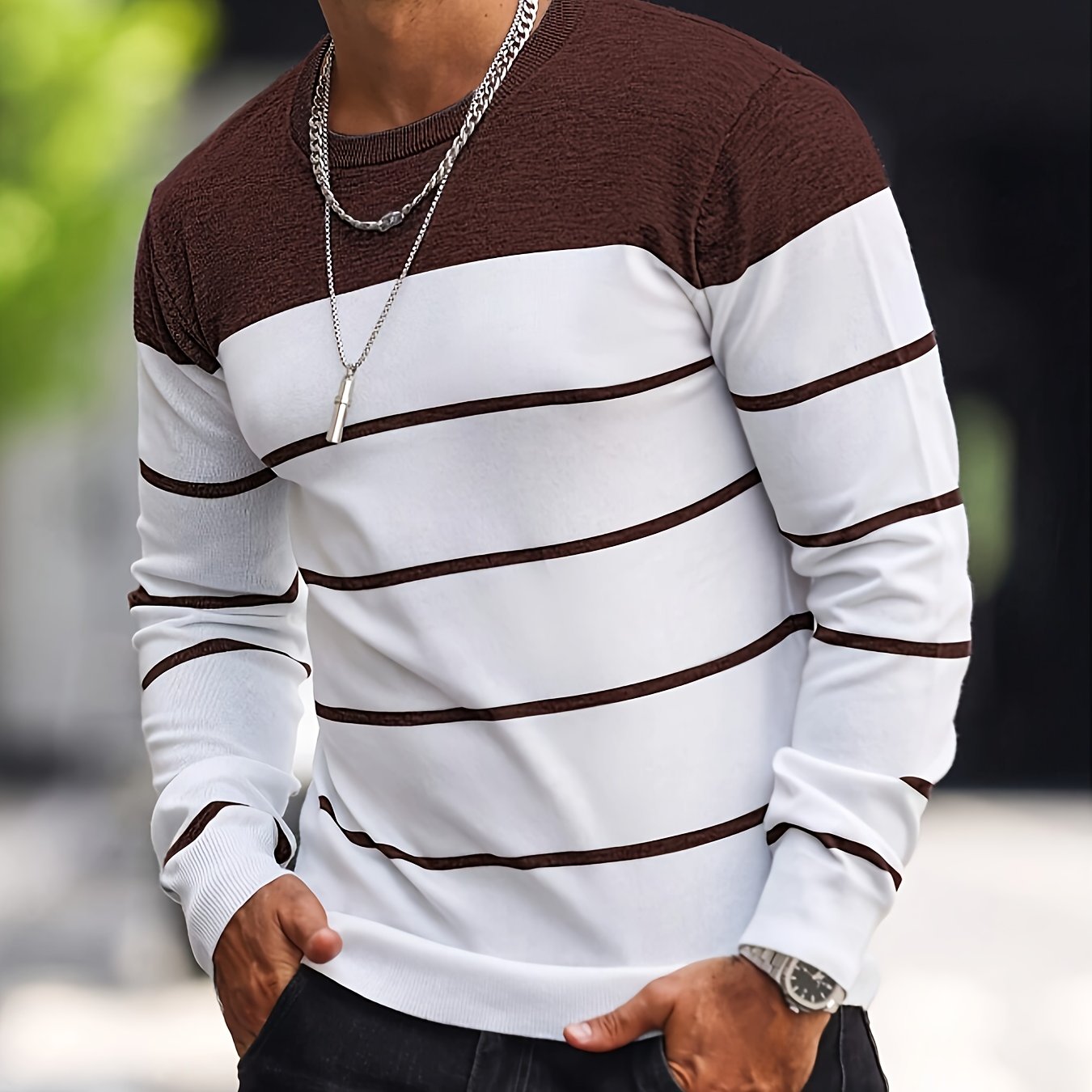 Men's Casual Striped Knit Pullover Sweater - Navy & White Contrast, Regular Fit H-Silhouette, Long Sleeve Crew Neck, Medium Stretch, Machine Washable for Spring & Fall, Mediumstretch Fabric
