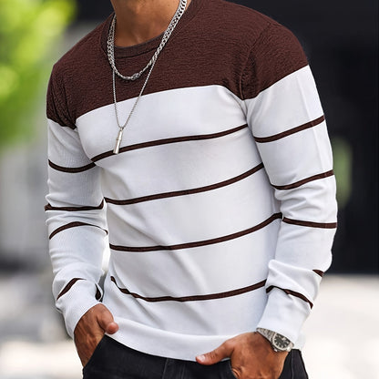 Men's Casual Striped Knit Pullover Sweater - Navy & White Contrast, Regular Fit H-Silhouette, Long Sleeve Crew Neck, Medium Stretch, Machine Washable for Spring & Fall, Mediumstretch Fabric