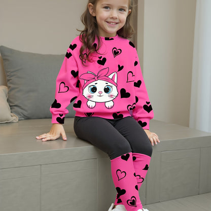 Girls' Spring/Autumn Heart Print Round Neck T-Shirt + Casual Patchwork Pants Cute Cat Pattern Two-Piece Set