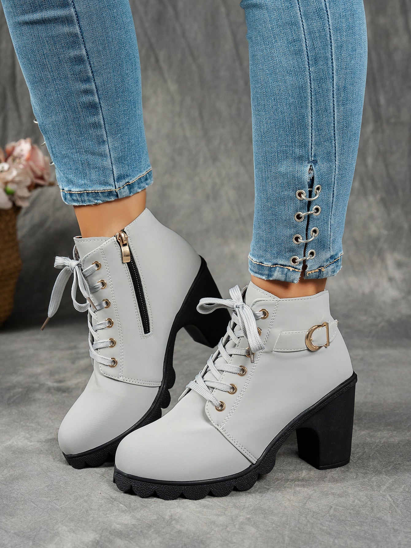 MagiMoBo Women'S Mid-Heel Ankle Boots with Side Zipper - Comfortable Faux Cover, Decorative Buckle Design, All-Season Versatile Casual Shoes for Casual Attire, Chunky Heel, Versatile Ankle Boots | Decorative Buckle Boots | Sy