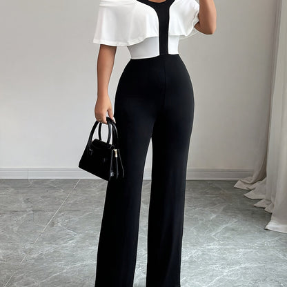 Oriented Women's Elegant Color Block Spliced Off-Shoulder Short Sleeve Wide Leg Straight-Leg Jumpsuit