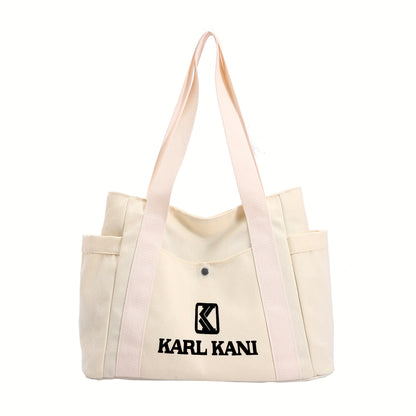 Karl Kani Women'S Large Capacity Tote Bag - Lightweight Durable Polyester Shoulder Bag with Zipper Closure, Stylish Black & White Print Design, Perfect for Shopping, Commuting, and Travel, Versatile Carryall | Minimalist Desi